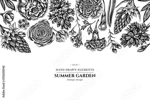 Fototapeta Naklejka Na Ścianę i Meble -  Floral design with black and white peony, carnation, ranunculus, wax flower, ornithogalum, hyacinth