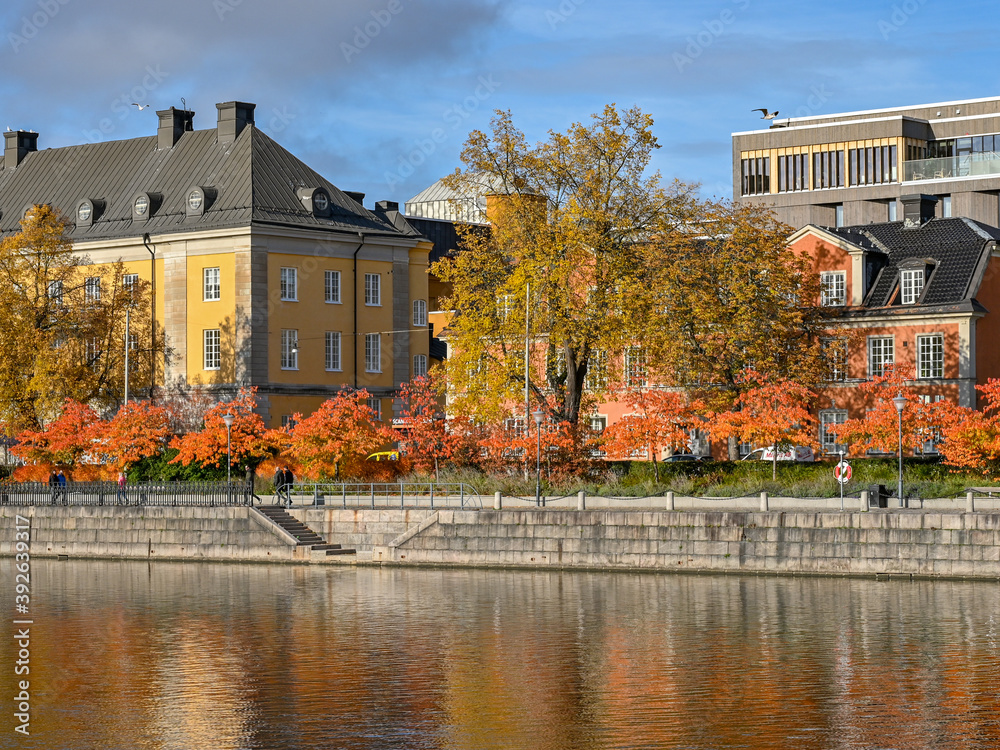Norrköping waterfront and Motala river during fall. Norrköping is a