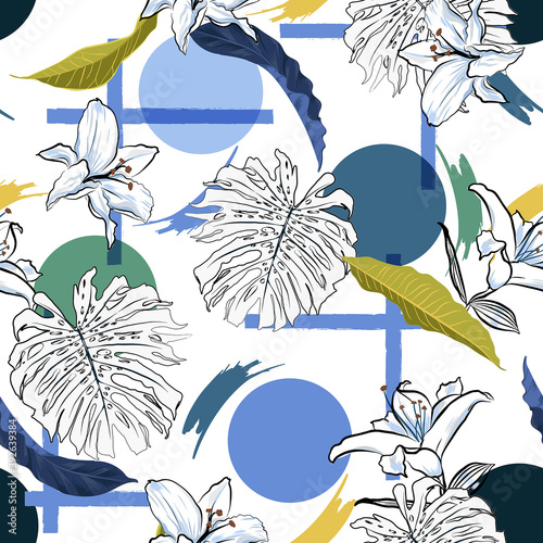 Trendy Modern tropical monstera leaves and lilies flowers with geometric shape seamless pattern vector,Design for fashion , fabric, textile, wallpaper, cover, web , wrapping