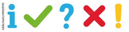 Check mark, cross, information and exclamation icons vector. Set colored flat button. Tick, question, information and answers mark. Signs isolated on white background. Vector illustration.