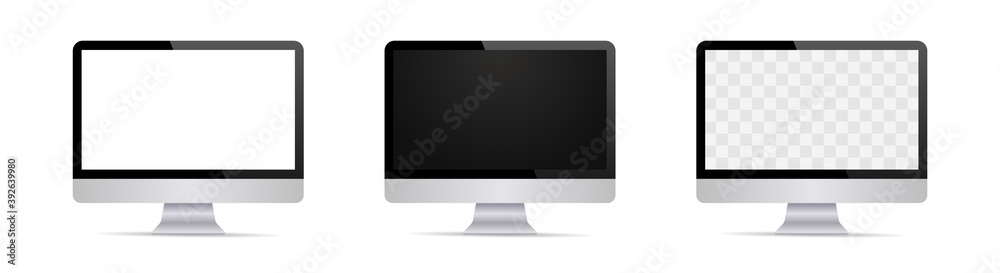 Set of realistic computer display with blank screen. White, black and transparent empty modern screen. Blank display mockup. Computer display template isolated on white background. Vector illustration Set of realistic computer display with blank screen. White, black and transparent empty modern screen. Blank display mockup. Computer display template isolated on white background. Vector illustration