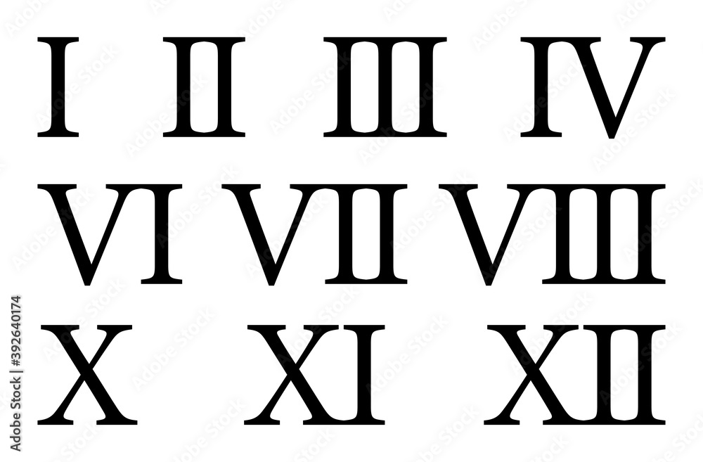 Set of roman numerals isolated on white background. Numbers from one to twelve. Vector illustration. Set of roman numerals isolated on white background. Numbers from one to twelve. Vector illustration.