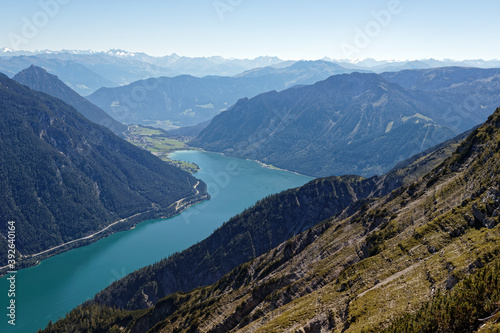 Blick von Seekarspitze im östlichen Karwendel über Achensee auf die Zentralalpen, Alpen, Tirol, Österreich photo