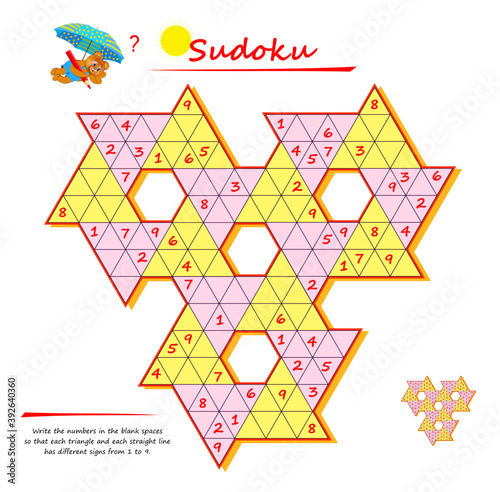 Logic Sudoku puzzle game for smartest. Write the numbers in the blank spaces so that each triangle and each straight line has different signs from 1 to 9. Brain teaser book. Play online. IQ test.