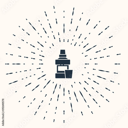 Grey Mouthwash plastic bottle and glass icon isolated on beige background. Liquid for rinsing mouth. Oralcare equipment. Abstract circle random dots. Vector.