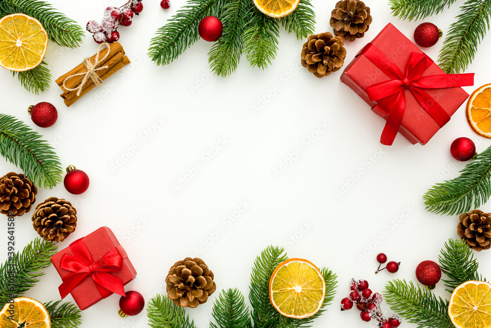 Christmas composition  on white background. Flat lay