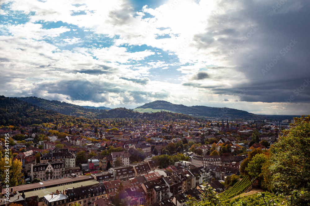 View of Freiburg im Breisgau and mountains on a clear sunny autumn day