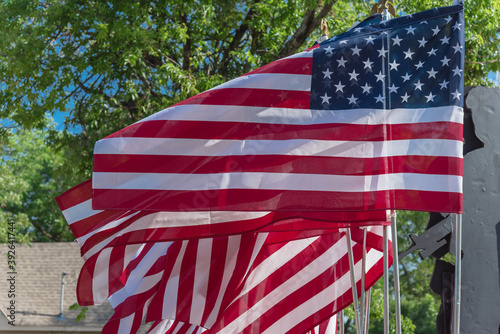 Flying American flags and green trees background for peaceful protest, rally and march concept