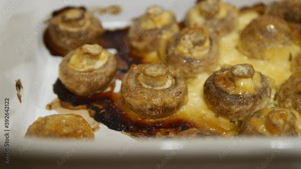 Oven Baked Royal Champignon Mushroom In Ceramic Tray. Close Up. Panning Dolly Slider Shot.. Oven Baked Royal Champignon Mushroom In Ceramic Tray. Close Up. Panning Dolly Slider Shot..