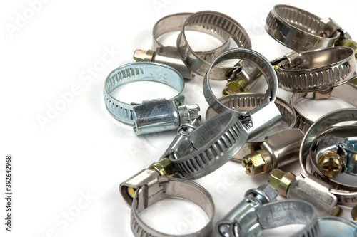 metal clamps on a white background to secure various products
