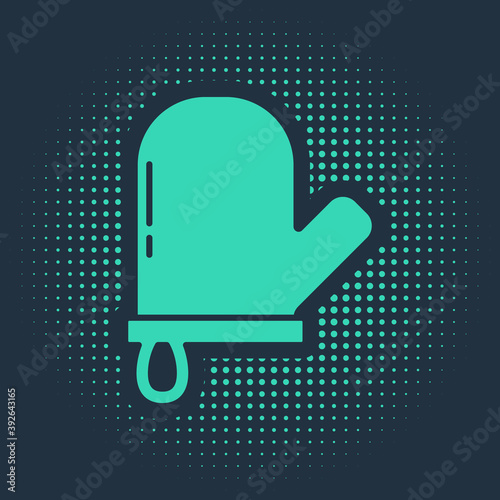 Green Oven glove icon isolated on blue background. Kitchen potholder sign. Cooking glove. Abstract circle random dots. Vector.
