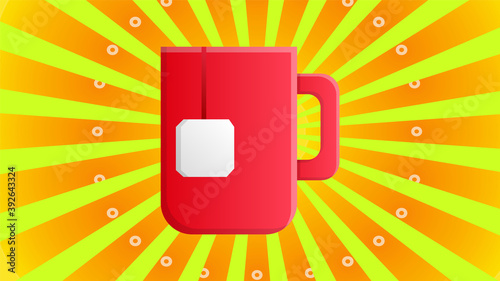 mug of red tea with a tea bag inside on a yellow retro background, vector illustration. tea with a disposable tea bag. tea budget cerimonium. fast tea, fast food