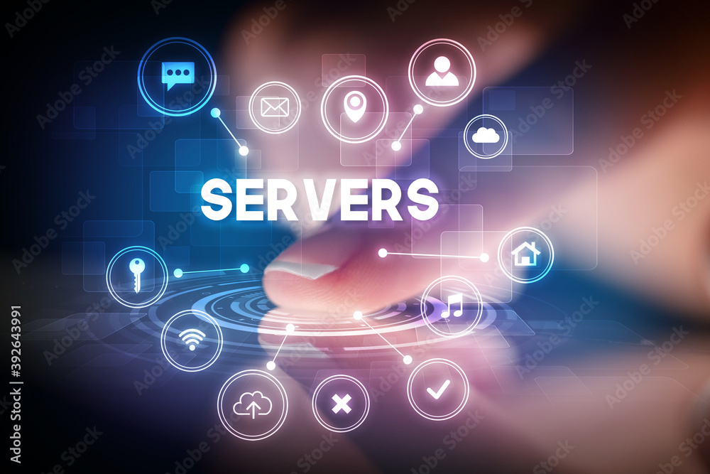 Finger touching tablet with web technology icons and SERVERS inscription, web technology concept Finger touching tablet with web technology icons and SERVERS inscription, web technology concept
