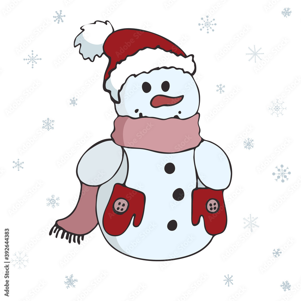 Vector illustration of a cute smiling snowman in a hat, scarf, mittens, surrounded by snowflakes. Isolated on white background