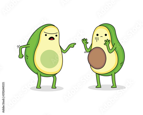 Cute avocado cartoon character arguing