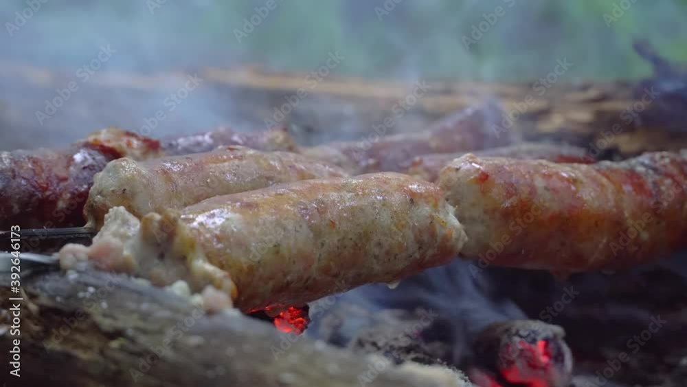 Picnic in nature. Sausages are cooked on a fire, on coals and on skewers. In the forest in nature, smoke is coming, toasted crust. Picnic in nature. Sausages are cooked on a fire, on coals and on skewers. In the forest in nature, smoke is coming, toasted crust.