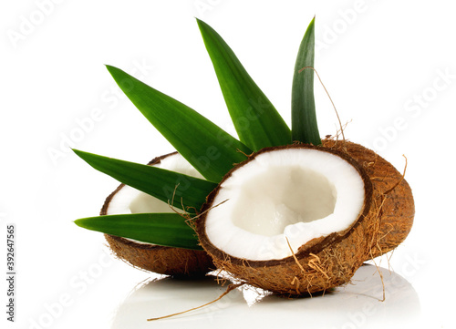 Fresh Coconut with Leaves on white Background Isolated