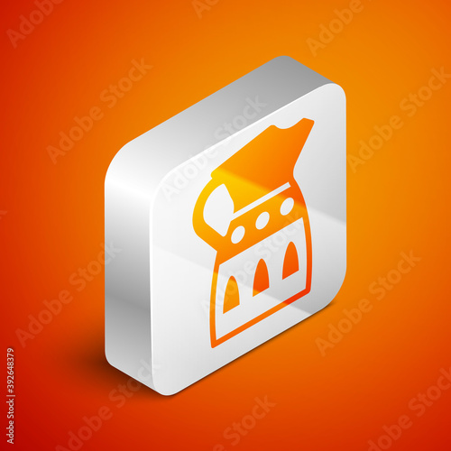 Isometric Sangria pitcher icon isolated on orange background. Traditional spanish drink. Silver square button. Vector.