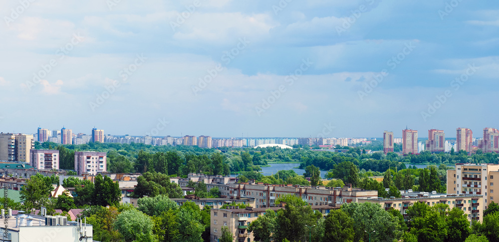 Cityscape of Brest, Belarus. Panoramic aerial view of Brest, skyline, city scenery. Bug river, border town