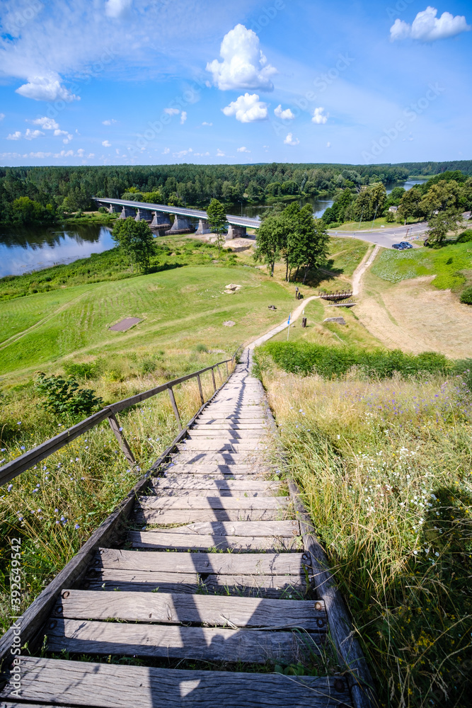 wooden boardwalk trail in green forest