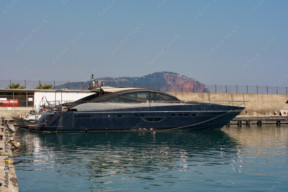 Marine parking of boats and yachts in Turkey. Yacht docked in sea port Marine parking of boats and yachts in Turkey. Yacht docked in sea port