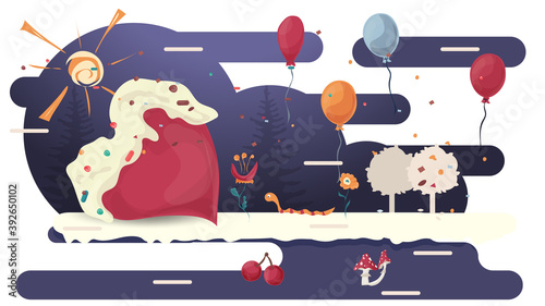 Red heart lies in a glade of glaze among trees and flowers flat vector illustration for design decoration