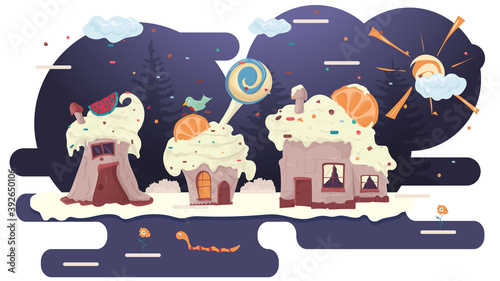 Fototapeta Naklejka Na Ścianę i Meble -  three cupcake houses with berries on the roof in a glade of icing among trees flowers flat vector illustration for design design