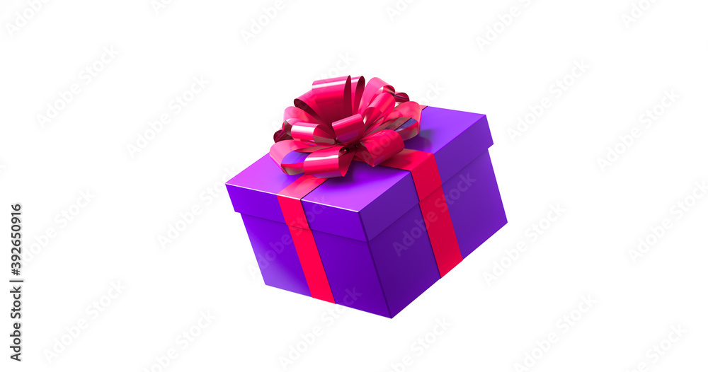 Obraz premium 3D rendering, Close up mock up of closed purple gift box with pink ribbon, side view shot, Christmas or New year greeting card decoration concept, isolated on white background.