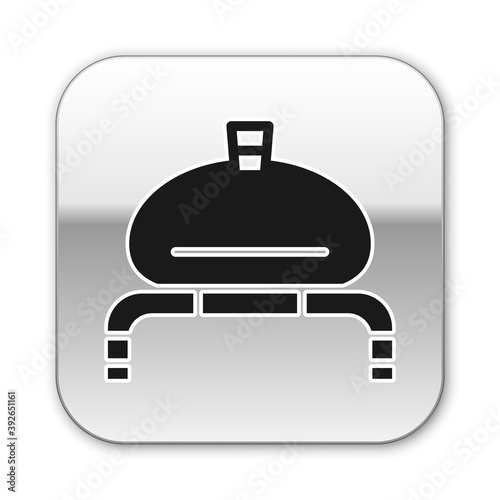 Black Bread and salt on towel icon isolated on white background. National food loaf. Traditional ukrainian wedding bread. Silver square button. Vector.
