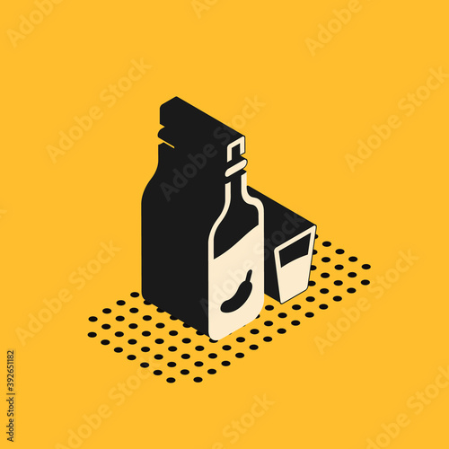 Isometric Vodka with pepper and glass icon isolated on yellow background. Ukrainian national alcohol. Vector.