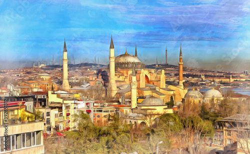 Beautiful cityscape with Hagia Sophia colorful painting looks like picture
