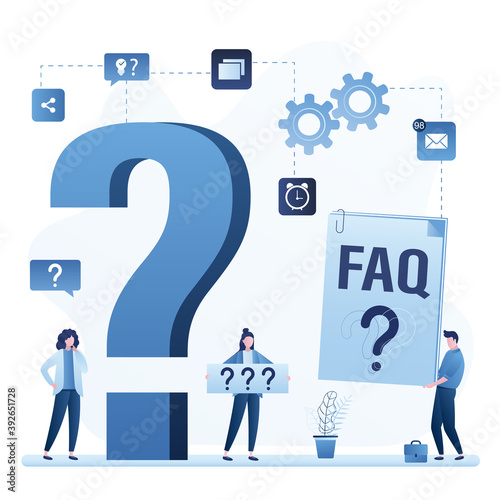 Big question mark. Business women have many questions and need help. Male manager with faq or paper user guide. Help line, feedback,