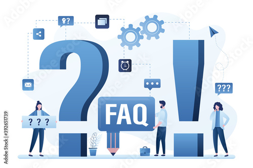 Big question and exclamation marks. Business women have many questions and need help. Male manager writes faq and give answers