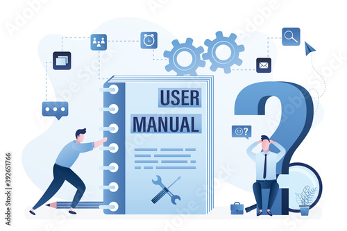 Businessman sits on big question mark. Male employee needs help. Support service gives user manual or feedback. Problem solving