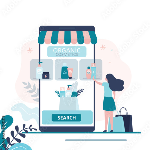 Female character searching and chooses natural products in online store. Various organic cosmetics on smartphone screen