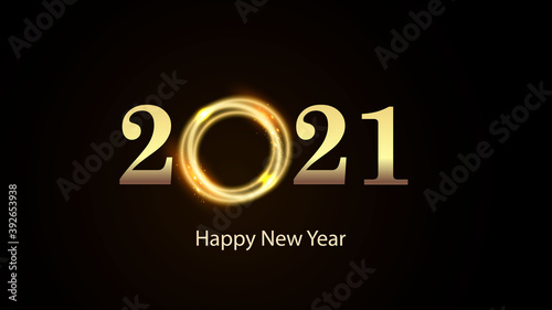 Golden numbers 2021 with bright flash on black background. Happy New Year Vector