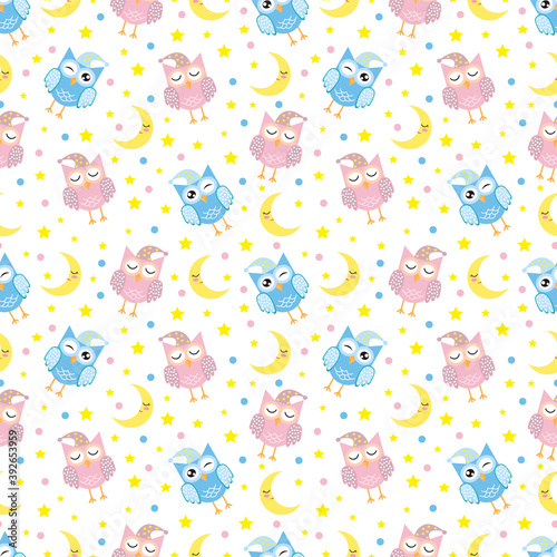 Good Night seamless pattern with cute sleeping owls, moon, stars and clouds. Sweet dreams background. Vector illustration