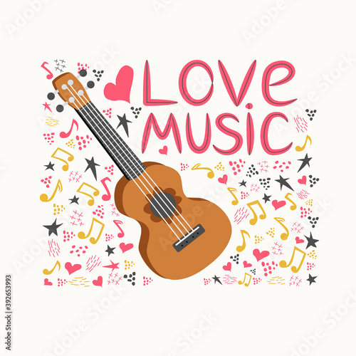 Cartoon ukulele with lettering text for summer, music poster template design.