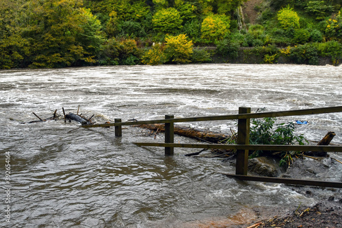 Canvas Print Submerged wooden fence on a river in heavy flood after a storm