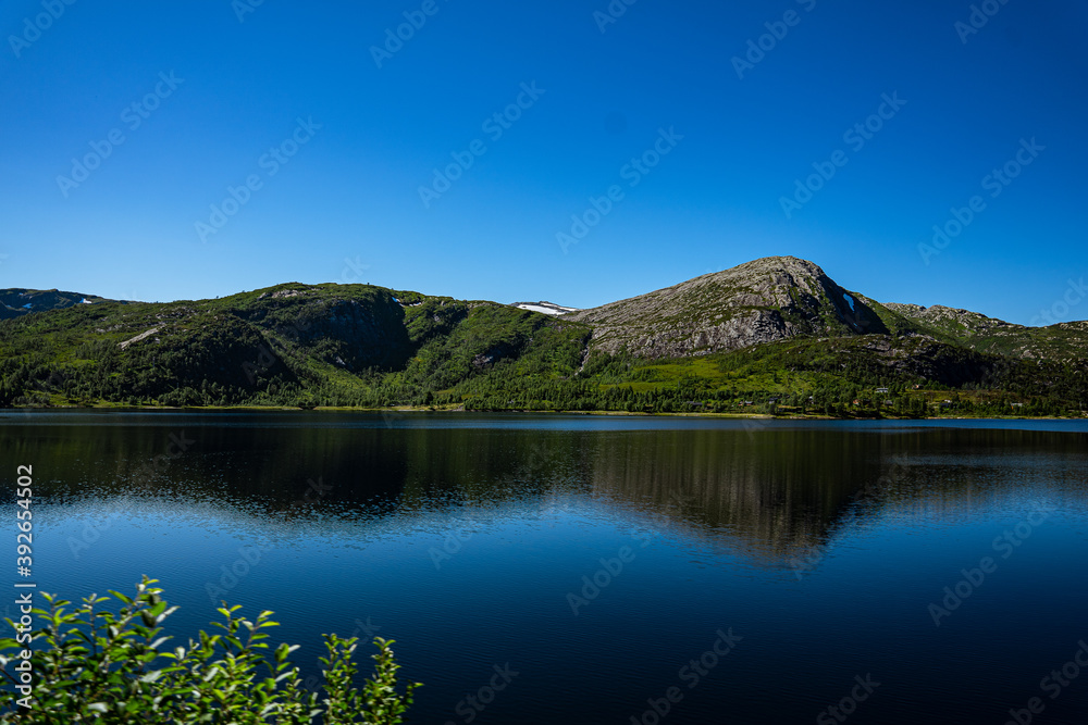 Mountains behind a clear lake