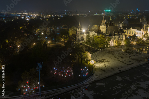 Photography Hungary - Budapest - Vajdahunyad castle at night with Christmas lights from dron