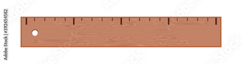 Vector illustration of a wooden brown ruler isolated on a white background. Engineer, architect, or scholar tool. Icon of a wood measurement in cm or inches. School supply, geometry.