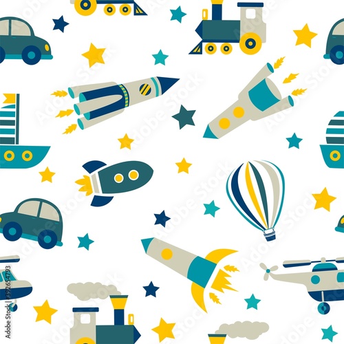 Seamless pattern with colorful transport. Cute children background. Vector pastel. Colorful Illustration. Doodle Style.