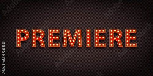 Vector realistic isolated retro marquee billboard with electric light lamps of Premiere logo for invitation on the transparent background.