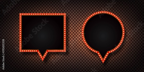 Vector realistic isolated speech bubble retro marquee billboard with electric light lamps for invitation on the transparent background. Concept of vintage decoration.