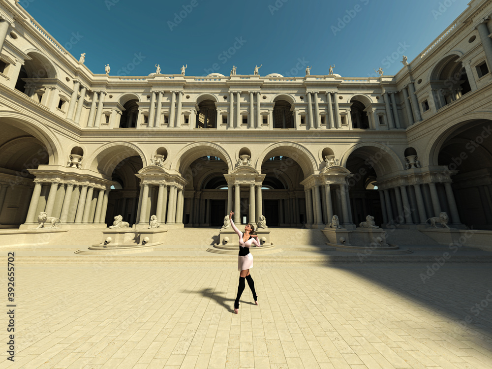 Obraz premium Ballet dancer. Picture with a ballet dancer on a temple courtyard, perspective 01. 3d illustration, 3d rendering, 3d art.