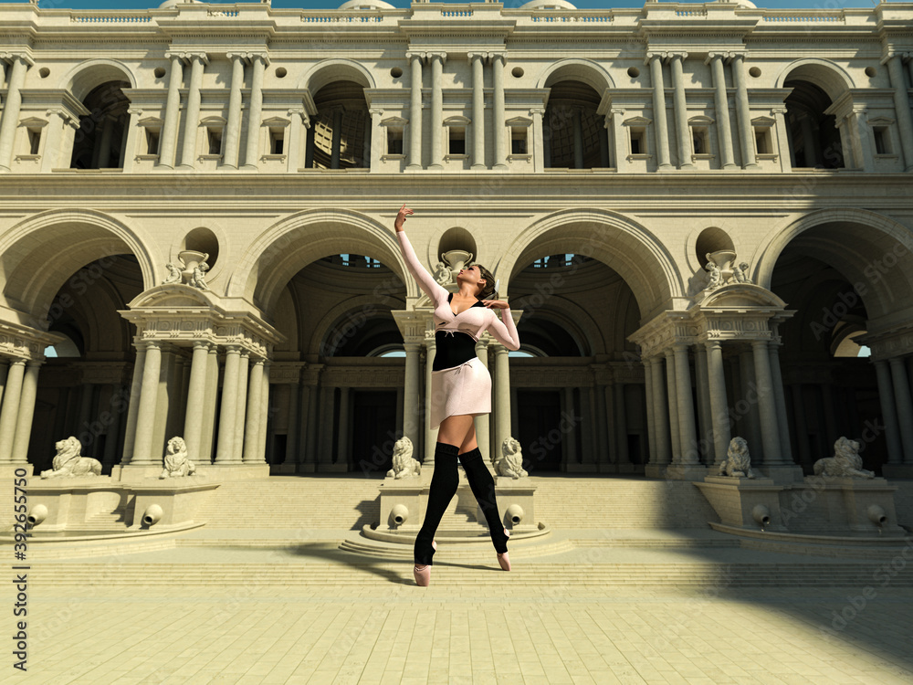 Ballet dancer. Picture with a ballet dancer on a temple courtyard, perspective 01. 3d illustration, 3d rendering, 3d art.
