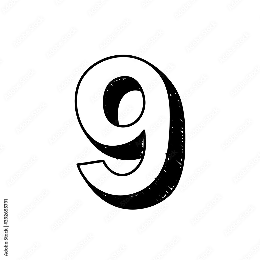 Number 9 hand-drawn font alphabet. Vector illustration of Arabic ...