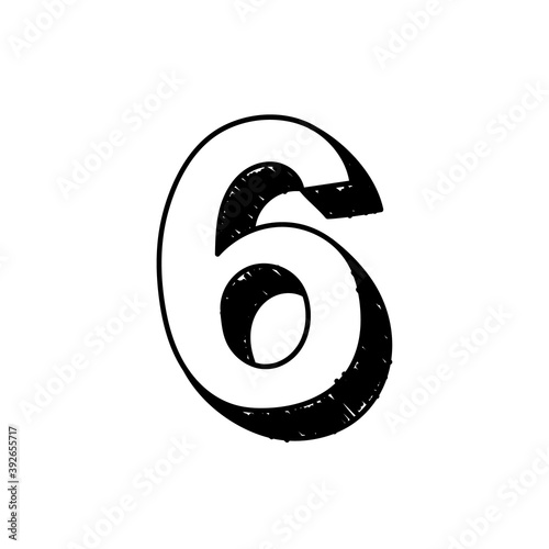 Number 6 hand-drawn font alphabet. Vector illustration of Arabic numerals number 6. Hand-drawn black and white number 6 typographic symbol. Can be used as a logo, icon