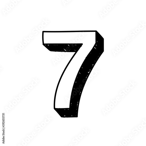 Number 7 hand-drawn font alphabet. Vector illustration of Arabic numerals number 7. Hand-drawn black and white number 7 typographic symbol. Can be used as a logo, icon